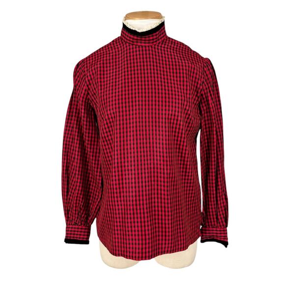 Vintage High Collar Taffeta Gingham Blouse Coquette Prairie Edwardian Medium - Picture 1 of 14